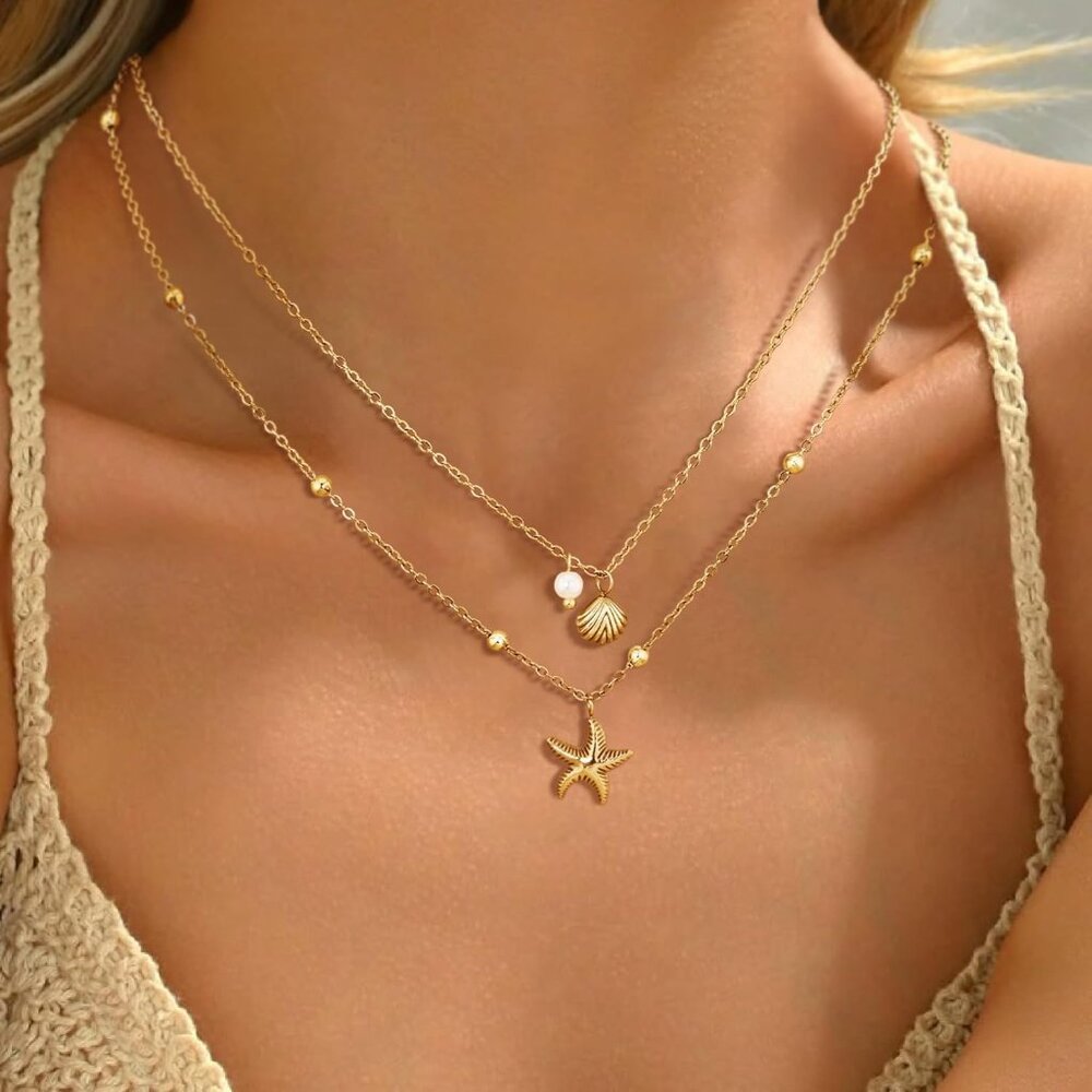 Shell Necklace for Women,14k Gold Plated Layered Starfish Conch SeaShell Pearl P - Picture 4 of 6